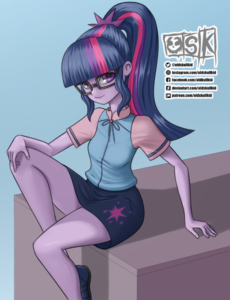 Size: 1090x1421 | Tagged: safe, artist:oldskullkid, derpibooru import, sci-twi, twilight sparkle, equestria girls, clothes, female, glasses, legs, looking at you, miniskirt, ponytail, skirt, solo, thighs