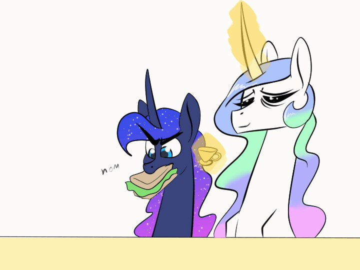 Size: 720x540 | Tagged: safe, artist:underpable, derpibooru import, princess celestia, princess luna, alicorn, pony, animated, atg 2019, broken, broken glass, crunch, cup, cute, cutelestia, eating, eyes closed, female, food, frown, glare, headdesk, levitation, lunabetes, magic, majestic as fuck, mare, missing accessory, mouth hold, newbie artist training grounds, nom, onomatopoeia, ouch, royal sisters, sandwich, shocked, simple background, smiling, sound effects, surprised, teacup, telekinesis, tired, white background, wide eyes, zzz