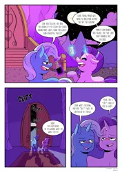 Size: 2893x4092 | Tagged: safe, artist:raph13th, derpibooru import, starlight glimmer, trixie, pony, unicorn, comic:glim glam and pals, alcohol, comic, drunk, drunker glimmer, drunklight glimmer, night, the great and alcoholics trixie, twilight's castle