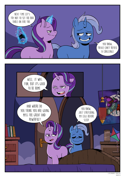 Size: 2893x4092 | Tagged: safe, artist:raph13th, derpibooru import, starlight glimmer, trixie, pony, unicorn, comic:glim glam and pals, alcohol, comic, drunk, drunker glimmer, drunklight glimmer, starlight's room, the great and alcoholics trixie