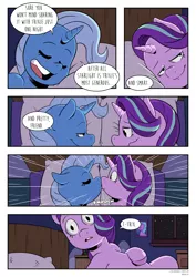 Size: 2893x4092 | Tagged: safe, artist:raph13th, derpibooru import, starlight glimmer, trixie, pony, unicorn, comic:glim glam and pals, bed, comic, drunk, drunker glimmer, drunklight glimmer, female, kissing, lesbian, shipping, startrix, suprise kiss, surprised, the great and alcoholics trixie, wavy mouth