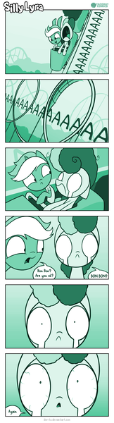 Size: 726x2696 | Tagged: safe, artist:dori-to, derpibooru import, bon bon, lyra heartstrings, sweetie drops, earth pony, pony, unicorn, comic:silly lyra, aaaaaaaaaa, comic, crying, dialogue, duo, female, green background, greenscale, mare, monochrome, roller coaster, screaming, shrunken pupils, simple background, speech bubble