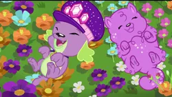 Size: 720x407 | Tagged: safe, derpibooru import, screencap, princess thunder guts, spike, spike the regular dog, dog, equestria girls, equestria girls series, lost and pound, spoiler:choose your own ending (season 2), spoiler:eqg series (season 2), cute, eyes closed, female, lost and pound: spike, male, paw pads, paws, puppy love, shipping fuel, spikabetes, spike's dog collar, spike's festival hat, tail, underpaw