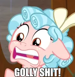 Size: 370x380 | Tagged: safe, derpibooru import, edit, edited screencap, screencap, cozy glow, pegasus, pony, the beginning of the end, caption, cozy glow is best facemaker, faic, female, filly, golly, image macro, reaction image, text, vulgar