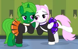 Size: 2926x1840 | Tagged: safe, artist:limedreaming, derpibooru import, oc, oc:lime dream, oc:sasha gemini, unofficial characters only, pegasus, pony, unicorn, cheerleader, clothes, couple, female, happy, hoofbump, lesbian, lockers, looking at each other, oc x oc, pleated skirt, school, schoolgirl, shipping, skirt