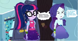 Size: 1174x624 | Tagged: safe, derpibooru import, edit, edited screencap, editor:thomasfan45, screencap, rarity, sci-twi, twilight sparkle, eqg summertime shorts, equestria girls, leaping off the page, 1000 hours in ms paint, belt, blank expression, bracelet, clothes, cute, glasses, hypno eyes, implied rainbow dash, jewelry, mind control, mistress, offscreen character, ponytail, skirt, speech bubble, story included, thought bubble