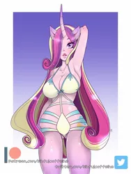 Size: 1280x1701 | Tagged: absolute cleavage, alternate version, anthro, arm behind head, armpits, artist:coffeecloud, big breasts, breasts, busty princess cadance, cleavage, clothes, derpibooru import, female, hair over one eye, horn, huge breasts, human facial structure, lipstick, long horn, looking at you, milf, one-piece swimsuit, patreon, patreon logo, pinup, pose, princess cadance, solo, solo female, suggestive, swimsuit, twitter logo, underass