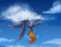 Size: 1280x990 | Tagged: safe, artist:allforyouart, derpibooru import, derpy hooves, pony, atg 2019, cloud, head in the clouds, newbie artist training grounds, signature, sky, solo
