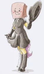 Size: 868x1456 | Tagged: anthro, anthro oc, artist:ravenpuff, black socks, clothes, derpibooru import, dress, female, gloves, goth, hat, long gloves, mare, oc, oc:paper bag, paper bag, safe, shoes, simple background, socks, unguligrade anthro, unofficial characters only, white background