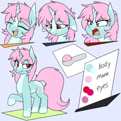 Size: 2000x2000 | Tagged: safe, artist:rice, derpibooru import, oc, oc:scoops, unofficial characters only, pony, unicorn, angry, blaze (coat marking), cute, cutie mark, eyes closed, female, freckles, frown, happy, horn, mare, markings, raised hoof, reference sheet, sad, smiling, smirk, text, unicorn oc, yelling