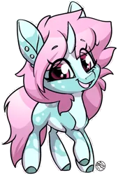 Size: 1281x1898 | Tagged: safe, artist:kez, derpibooru import, oc, oc:scoops, unofficial characters only, pony, unicorn, blaze (coat marking), chibi, cute, ear piercing, earring, freckles, happy, horn, jewelry, looking at you, markings, piercing, raised hoof, smiling, unicorn oc