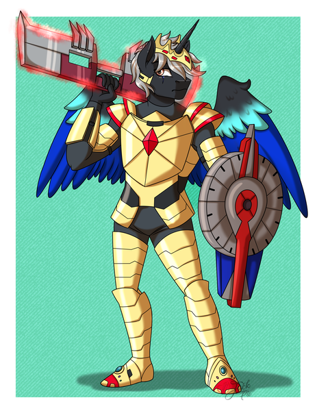 Size: 2700x3500 | Tagged: alicorn, alicorn oc, anthro, armor, artist:jack-pie, commission, crossover, derpibooru import, high res, horn, male, oc, plantigrade anthro, safe, shield, solo, transformers, unofficial characters only, weapon, wings