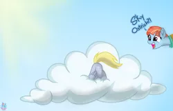 Size: 1843x1189 | Tagged: safe, artist:rainbow eevee, derpibooru import, derpy hooves, windy whistles, bird, ostrich, pegasus, pony, atg 2019, cloud, derp, dialogue, duo, face down ass up, female, i watch it for the plot, newbie artist training grounds, sky, sun, sun ray, text