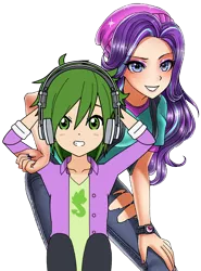 Size: 528x712 | Tagged: safe, artist:php45, artist:racoonsan, artist:titanium-pony, derpibooru import, edit, spike, starlight glimmer, human, equestria girls, anime, anime style, beanie, beanie hat, clothes, cute, duo, equestria girls outfit, female, glimmerbetes, hat, headphones, human spike, humanized, kisekae, looking at you, male, shipping, simple background, smiling, sparlight, spikabetes, straight, torn clothes, transparent background, vector