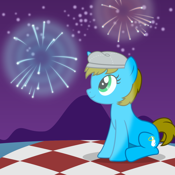 Size: 1125x1125 | Tagged: safe, artist:mlp-trailgrazer, derpibooru import, oc, oc:blue angel, pony, unicorn, cap, female, fireworks, hat, mare, night, solo