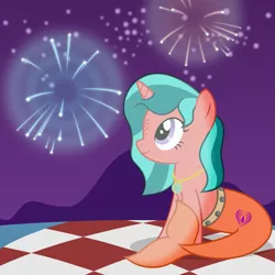 Size: 1125x1125 | Tagged: safe, artist:mlp-trailgrazer, derpibooru import, oc, oc:ripple effect, merpony, pony, female, fireworks, night, solo