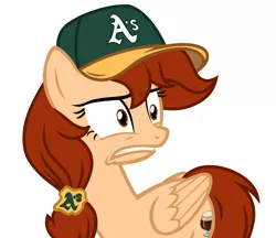 Size: 3594x3112 | Tagged: safe, artist:rioshi, artist:starshade, derpibooru import, oc, oc:vanilla creame, unofficial characters only, pegasus, pony, baseball cap, cap, female, frown, hat, mare, oakland athletics, simple background, solo, white background