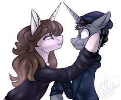 Size: 2363x1961 | Tagged: safe, artist:ggchristian, derpibooru import, oc, oc:cindy, oc:zac, unofficial characters only, pony, unicorn, bedroom eyes, cinzac, clothes, female, hoodie, looking at each other, male, mare, simple background, stallion, white background