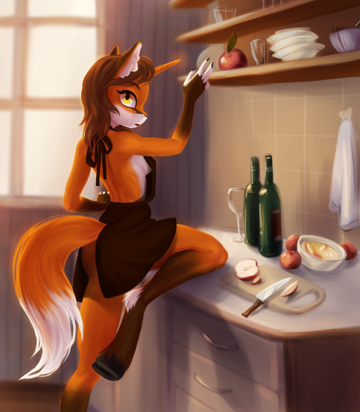 Size: 2253x2582 | Tagged: safe, artist:resurgam_snova, derpibooru import, oc, oc:julia aries, unofficial characters only, anthro, fox, fox pony, hybrid, original species, unguligrade anthro, unicorn, anthro oc, apron, breasts, clothes, cooking, ear fluff, female, fluffy, hooves, looking at you, maid, naked apron, open mouth, sideboob, solo, wingding eyes