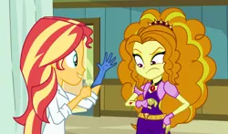 Size: 3000x1765 | Tagged: safe, artist:cloudyglow, artist:ktd1993, artist:trixiesparkle63, derpibooru import, adagio dazzle, sunset shimmer, equestria girls, clothes, female, gloves, injured, lesbian, rubber gloves, shipping, sunsagio