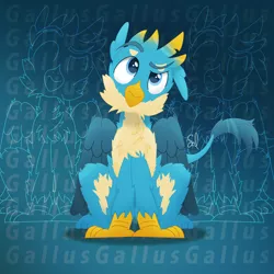 Size: 4000x4000 | Tagged: safe, artist:sol-r, derpibooru import, gallus, gryphon, absurd resolution, blue background, cheek fluff, chest fluff, claws, confused, cute, digital art, fluffy, gallabetes, looking up, male, paws, raised eyebrow, simple background, solo, tail, wings