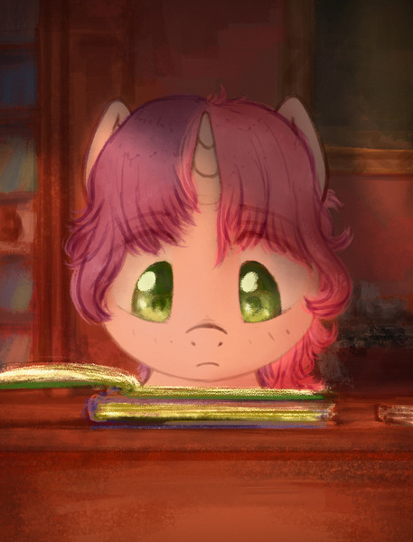 Size: 1280x1679 | Tagged: safe, artist:plotcore, derpibooru import, sweetie belle, pony, unicorn, alternate hairstyle, book, bust, cute, female, filly, full face view, indoors, looking down, newbie artist training grounds, reading, solo