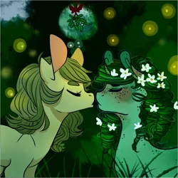 Size: 1002x1002 | Tagged: safe, artist:laceymod, derpibooru import, oc, oc:invidia, oc:waterlily, unofficial characters only, earth pony, kelpie, pony, female, imminent kissing, mare