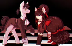 Size: 1092x705 | Tagged: safe, artist:qiwiq, derpibooru import, oc, unofficial characters only, pony, bow, chessboard, choker, chromatic aberration, clothes, coat, dress, gothic, gothic lolita, ponytail, red eyes, shoes