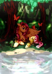 Size: 2480x3508 | Tagged: safe, artist:qiwiq, derpibooru import, fluttershy, butterfly, pegasus, pony, crepuscular rays, female, floppy ears, flower, flower in hair, forest, grass, lake, mare, prone, solo, tree, water