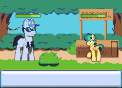 Size: 640x464 | Tagged: safe, artist:cammy, derpibooru import, oc, oc:apogee, unofficial characters only, earth pony, pegasus, pony, animated, apogees boop booth, fbi, female, filly, game, gif, kissing booth, male, pixel art, rpg battle, stallion, tax evasion