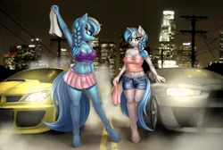 Size: 2000x1343 | Tagged: safe, artist:pony-way, derpibooru import, oc, oc:coldsnap, oc:frostbite, unofficial characters only, anthro, unguligrade anthro, unicorn, anthro oc, armpits, belly button, braid, car, city, clothes, denim shorts, female, los angeles, mare, midriff, mitsubishi lancer evolution x, need for speed, need for speed underground 2, ponytail, shorts, siblings, sisters, skirt, subaru impreza, tanktop, telephone pole, tube top, twin sisters, twins