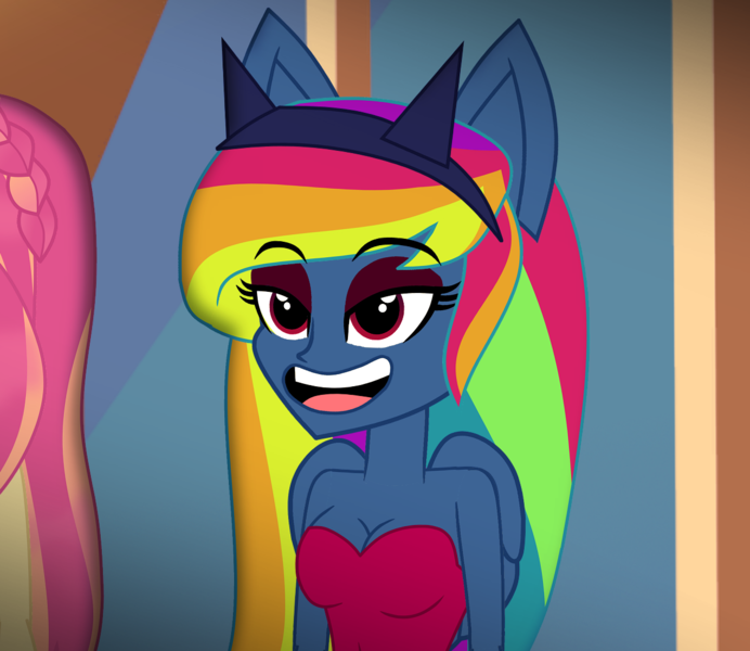Size: 1246x1080 | Tagged: safe, artist:galacticflashd, derpibooru import, rainbow dash, equestria girls, secrets and pies, adorapiehater, adorasexy, alternate hairstyle, alternate universe, breasts, busty rainbow dash, clothes, cute, evil pie hater dash, eyeshadow, female, makeup, ponied up, sexy, smiling, solo focus, talking, wings