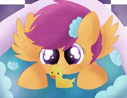 Size: 3300x2550 | Tagged: safe, artist:skyflys, derpibooru import, scootaloo, pegasus, pony, bath, cute, cutealoo, female, filly, foam, rubber duck, solo, spread wings, wings