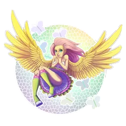 Size: 1500x1500 | Tagged: abstract background, artist:bel-assa, butterfly, derpibooru import, female, fluttershy, human, humanized, safe, simple background, sleeveless, solo, transparent background, winged humanization, wings