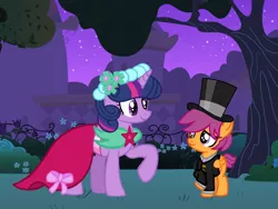 Size: 1024x768 | Tagged: safe, artist:turnaboutart, derpibooru import, scootaloo, twilight sparkle, pegasus, pony, unicorn, fanfic:twilight and skaterloo: mother and son, a canterlot wedding, adopted offspring, base used, bridesmaid dress, canterlot gardens, clothes, colt, dress, female, hat, male, mama twilight, mare, marriage, mother and child, mother and son, raised hoof, rule 63, scooteroll, suit, top hat, tuxedo, unicorn twilight, wedding