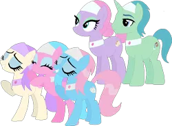 Size: 772x568 | Tagged: safe, artist:starryoak, derpibooru import, aloe, birch bucket, lavender essence, lotus blossom, vera, earth pony, pony, base used, parent, spa pony, spa twins, trio