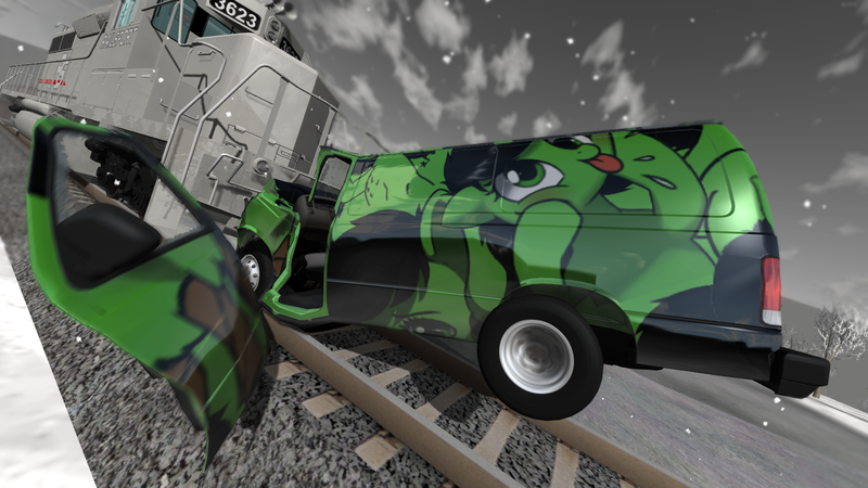 Size: 1920x1080 | Tagged: safe, artist:smoldix, derpibooru import, oc, oc:anonfilly, pony, ahegao, beamng.drive, crash, custom, female, filly, game screencap, irl, mod, open mouth, photo, tongue out, toy, train, van, video game