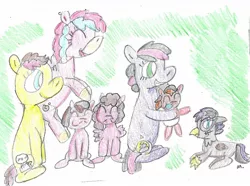 Size: 1574x1171 | Tagged: safe, artist:ptitemouette, derpibooru import, oc, oc:cheese cake, oc:cheese party, oc:clever pie, oc:coquillage, oc:jean pierre, oc:rock skull, oc:surprise, hippogriff, hybrid, pony, adopted offspring, baby, baby pony, cousins, crack ship offspring, female, interspecies offspring, magical lesbian spawn, offspring, parent:cheerilee, parent:cheese sandwich, parent:gilda, parent:limestone pie, parent:marble pie, parent:maud pie, parent:mud briar, parent:pinkie pie, parent:princess skystar, parents:cheesepie, parents:gildastone, parents:marbilee, parents:maudbriar, parents:skypie, siblings, sisters