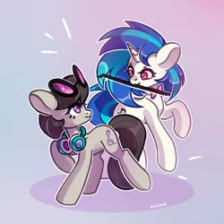 Size: 1500x1500 | Tagged: safe, artist:avonir, derpibooru import, octavia melody, vinyl scratch, earth pony, pony, unicorn, accessory swap, bowtie, cutie mark, female, headphones, lesbian, looking at each other, scratchtavia, shipping, smiling, sunglasses