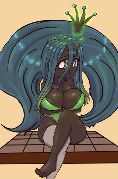 Size: 1300x1966 | Tagged: suggestive, artist:mistleinn, derpibooru import, queen chrysalis, anthro, changeling, changeling queen, plantigrade anthro, absolute cleavage, big breasts, breasts, busty queen chrysalis, cleavage, clothes, female, human facial structure, reversalis, simple background, socks, solo, solo female, stockings, swimsuit, thigh highs