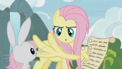 Size: 1920x1080 | Tagged: safe, derpibooru import, screencap, angel bunny, fluttershy, pegasus, pony, rabbit, she talks to angel, animal, checklist, female, list, male, mare, messy mane, wing hands, wingers, wings