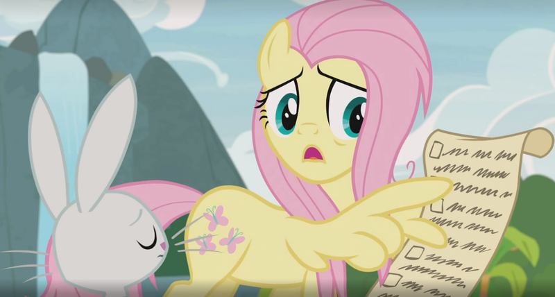 Size: 1205x645 | Tagged: safe, derpibooru import, screencap, angel bunny, fluttershy, pegasus, pony, rabbit, she talks to angel, animal, checklist, cropped, female, list, male, mare, pointing, wing hands, wingers, wings