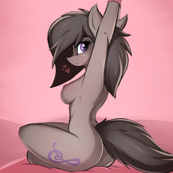 Size: 2000x2000 | Tagged: questionable, artist:twiren, derpibooru import, octavia melody, anthro, earth pony, adorasexy, alternate hairstyle, armpits, ass, bondage, breasts, busty octavia, butt, crossed legs, cute, female, happy bondage, heart, looking back, mare, nipples, nudity, pink background, sexy, sideboob, simple background, sitting, solo, tail, tavibetes, tied hands, treblebutt