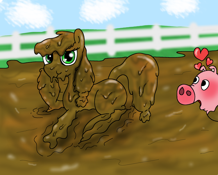 Size: 2000x1600 | Tagged: safe, artist:amateur-draw, derpibooru import, applejack, earth pony, pig, pony, covered in mud, female, hat, laying on stomach, lying down, mare, mud, mud bath, mud pony, muddy, pig pen, solo, wet and messy