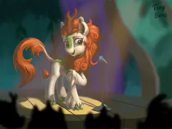 Size: 2048x1536 | Tagged: artist:tinybenz, audience, autumn blaze, awwtumn blaze, cloven hooves, cute, derpibooru import, female, kirin, leg fluff, leonine tail, microphone, open mouth, quadrupedal, safe, scene interpretation, solo focus, sounds of silence, stage, stand-up comedy