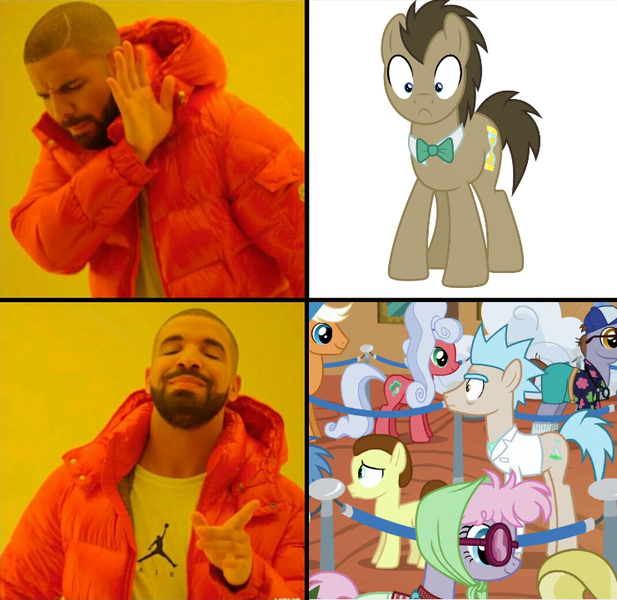 Size: 741x721 | Tagged: safe, derpibooru import, doctor whooves, pony morty, pony rick, time turner, ponified, earth pony, human, pony, grannies gone wild, cropped, drake, hotline bling, irl, irl human, male, meme, morty smith, photo, rick and morty, rick sanchez