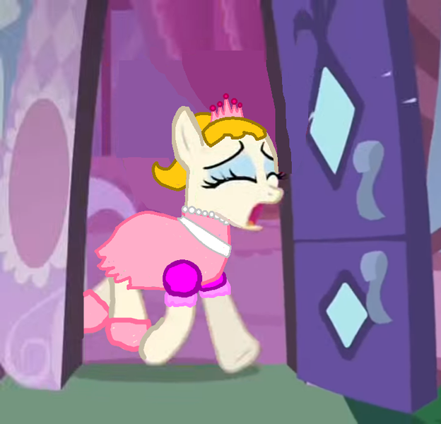 Size: 724x696 | Tagged: safe, derpibooru import, edit, edited screencap, screencap, vera, earth pony, pony, the show stoppers, carousel boutique, clothes, crying, dress, exploitable meme, meme, not rarity, ponytail, princess crown, princess dress, princess shoes, prototype lola loud's outfit, sash, solo, spa pony, vera's mane