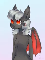 Size: 780x1041 | Tagged: safe, artist:kottonashi, derpibooru import, oc, oc:dusty fang, unofficial characters only, anthro, bat pony, bat pony oc, bat wings, hairpin, red eyes, solo, wings