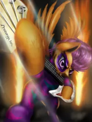 Size: 1536x2048 | Tagged: safe, artist:techwingidustries, derpibooru import, scootaloo, pegasus, pony, bass guitar, clothes, commission, fire, left handed, musical instrument, pyrotechnics, rockstar, scootabass, show stopper outfits, solo