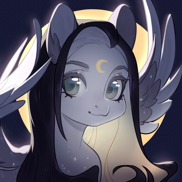 Size: 1080x1080 | Tagged: safe, artist:aphphphphp, derpibooru import, oc, pegasus, pony, bust, crescent moon, long hair, moon, portrait, solo, sparkles